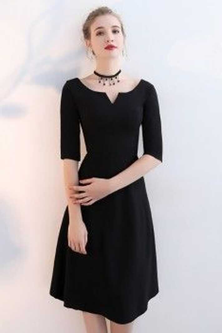 Simple Black Aline Knee Length Party Dress with Sleeves | Party ...