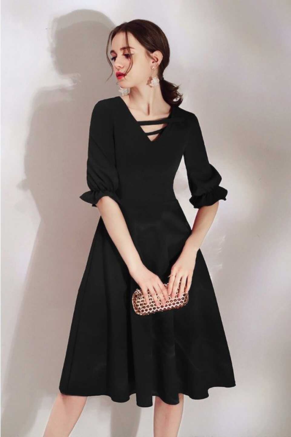 Simple Black Knee Length Party Dress With Half Sleeves - $70.9776 ...