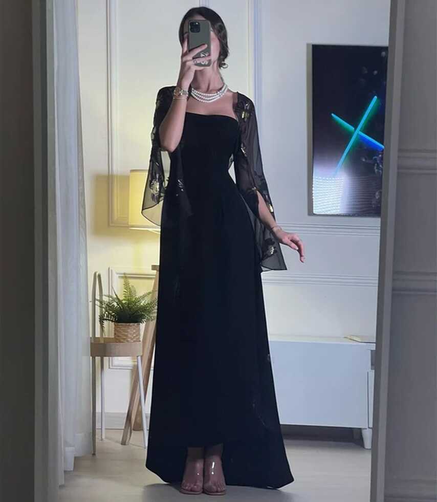 Simple Black Prom Dresses with Printed Chiffon Long Sleeves ...