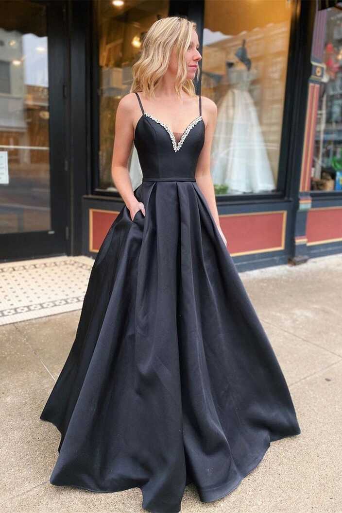 Simple Black Satin Prom Dresses V Neck Spaghetti Straps Long ...