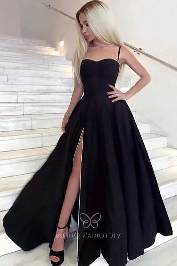 Simple Black Satin Spaghetti Strap High Slit Prom Dress - VQ