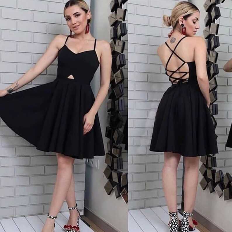 Simple Black Short Cocktail Party Dress Sexy Spaghetti Straps Knee ...