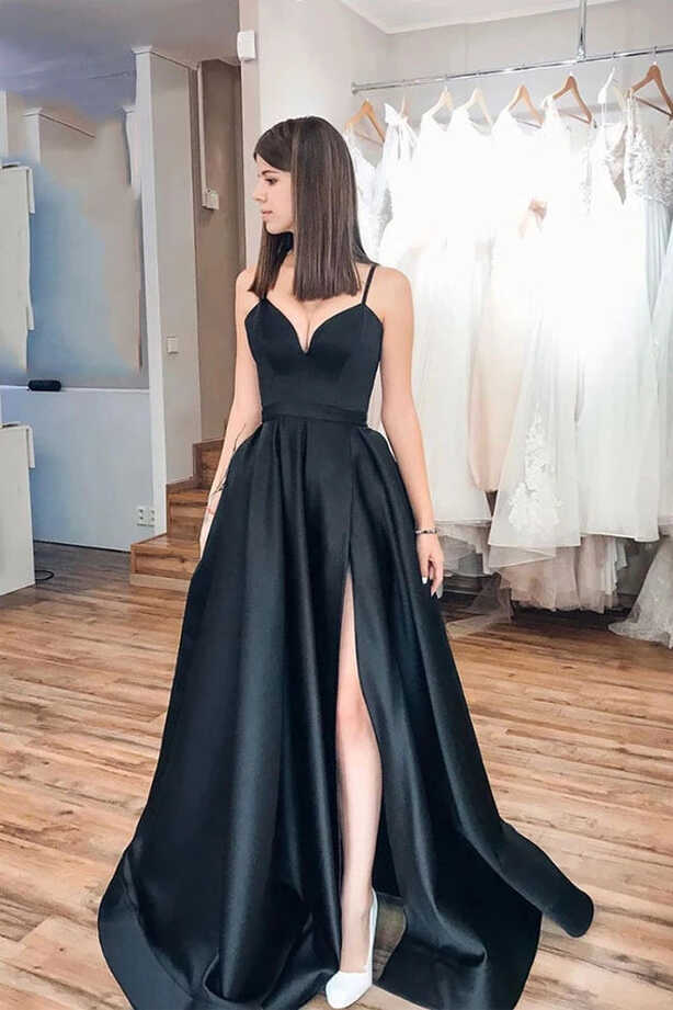 Simple Black Spaghetti Strap Satin Long Prom Dress Evening Dress ...