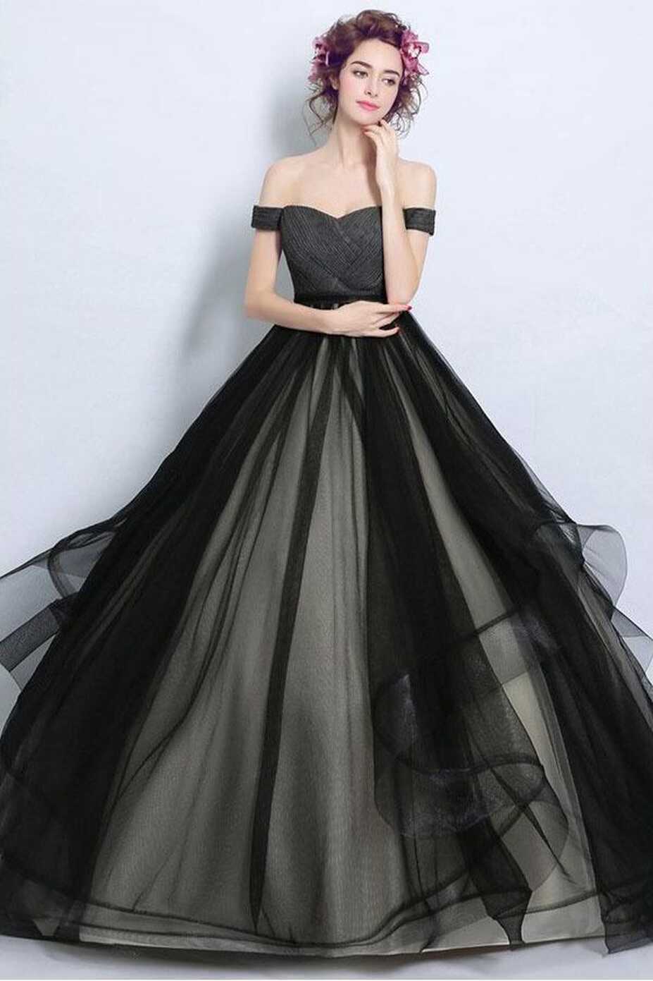 Simple Black Tulle Formal Dress Ball Gown With Off Shoulder Straps ...