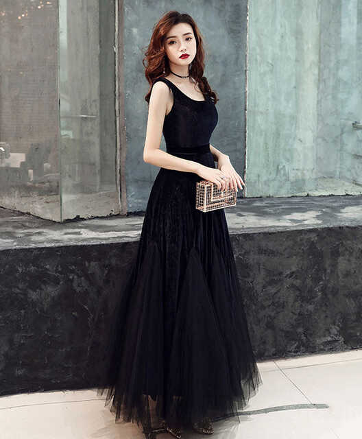 Simple Black Tulle Prom Dress, Black Velvet Tulle Formal Dress ...