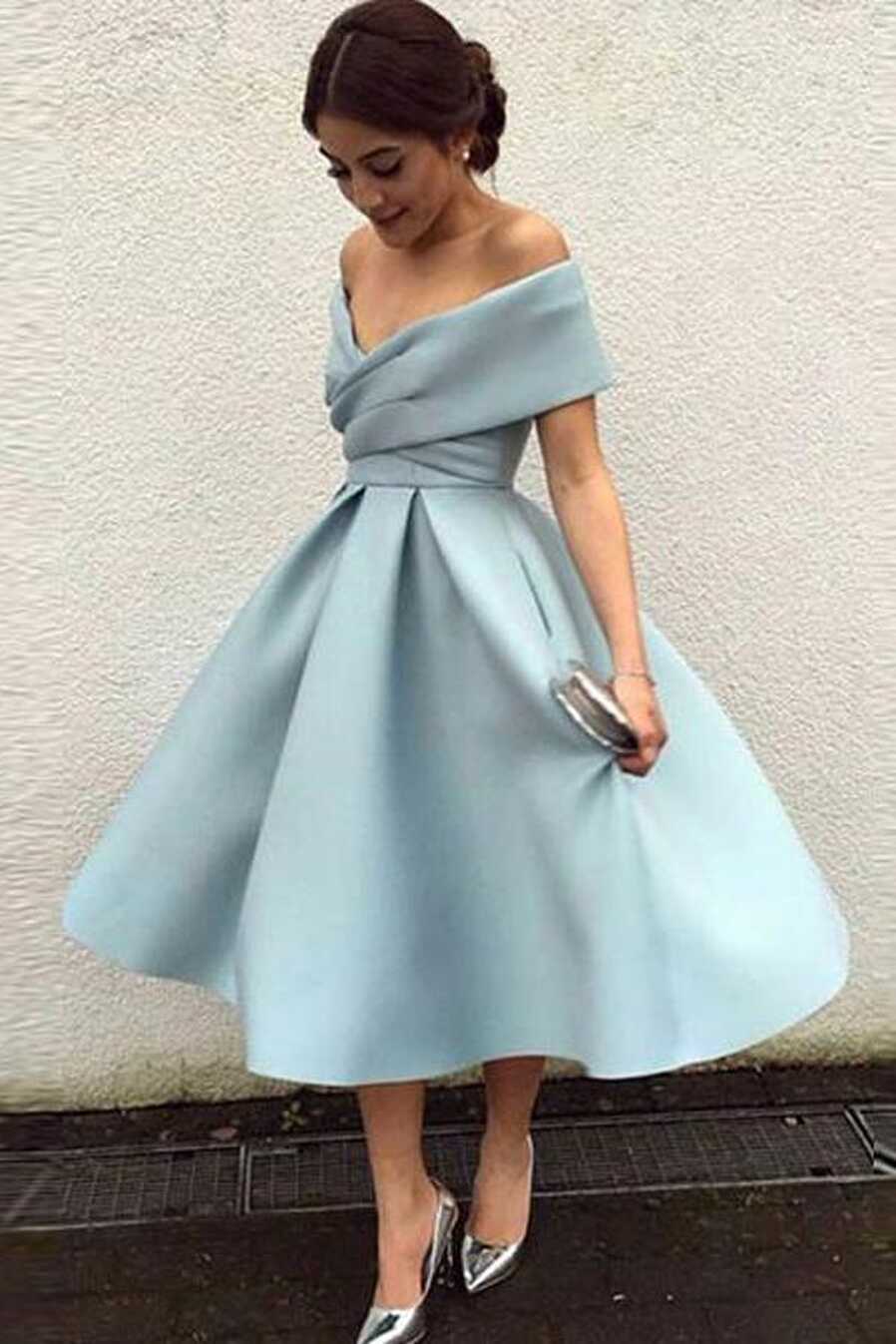 Simple Blue Satin A-Line Off Shoulder Homecoming Dress Short Prom ...