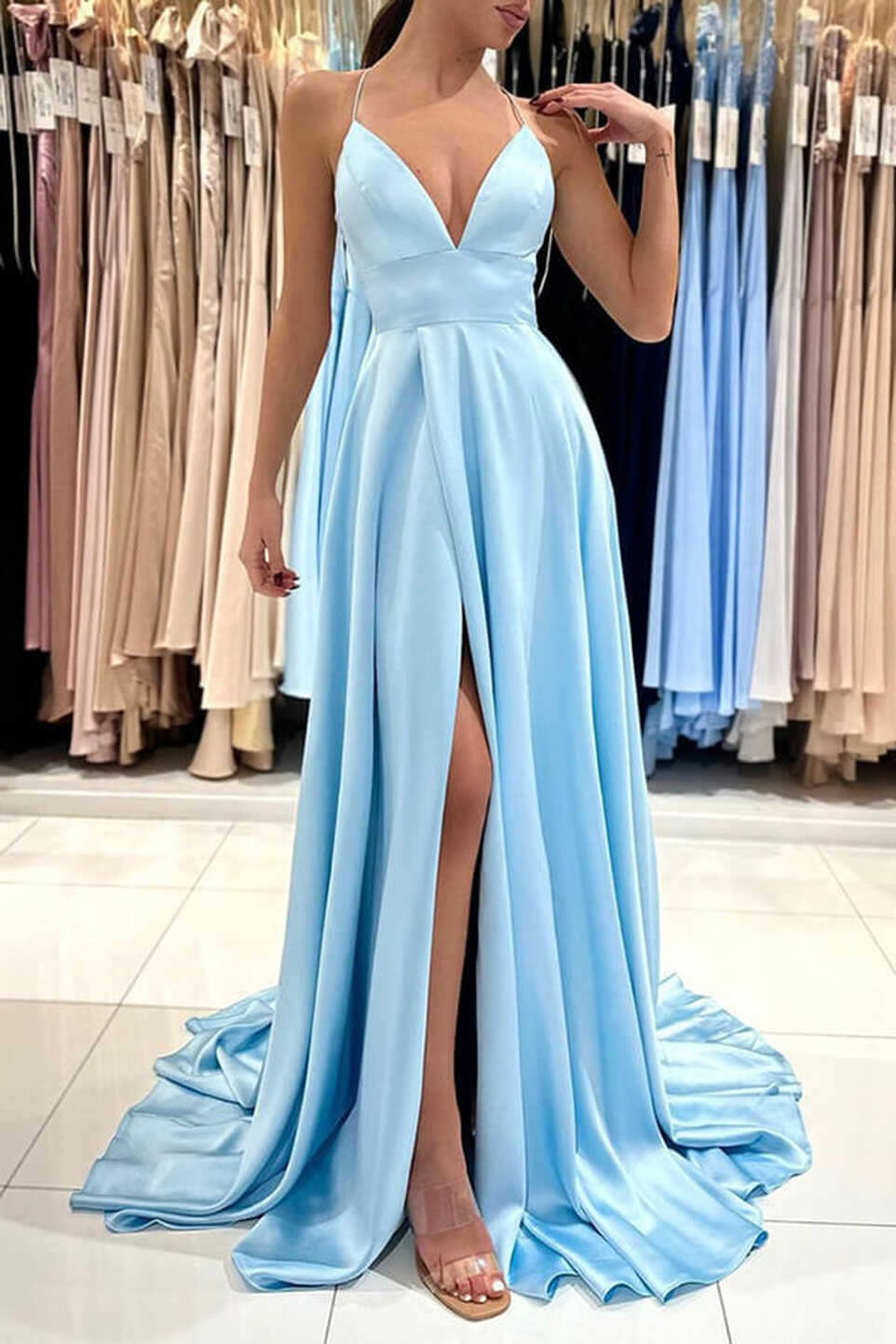 Simple Blue Satin A-line V-neck Long Prom Dresses MP785 | Musebridals