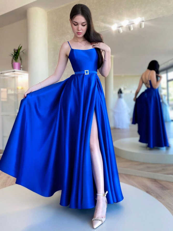 Simple Blue Satin Long Prom Dresses, Blue Formal Party Dress ...