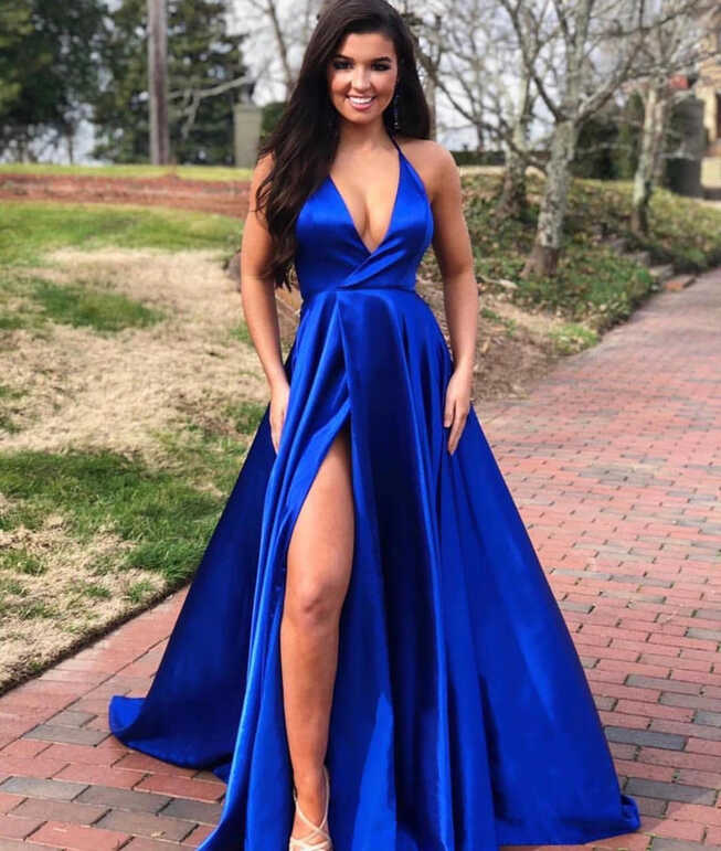 Simple Blue Satin Prom Dresses Long V Neck Evening Dresses with ...