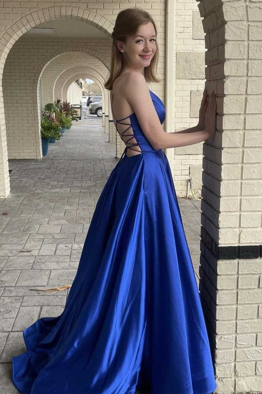 Simple Blue V Neck Satin Long Prom Dress Formal Dress With Pockets ...