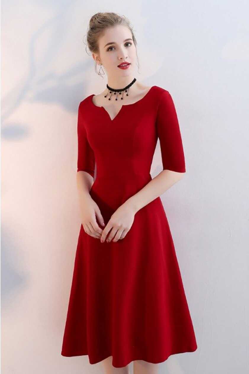 Simple Burgundy Aline Knee Length Party Dress with Sleeves - $75 ...