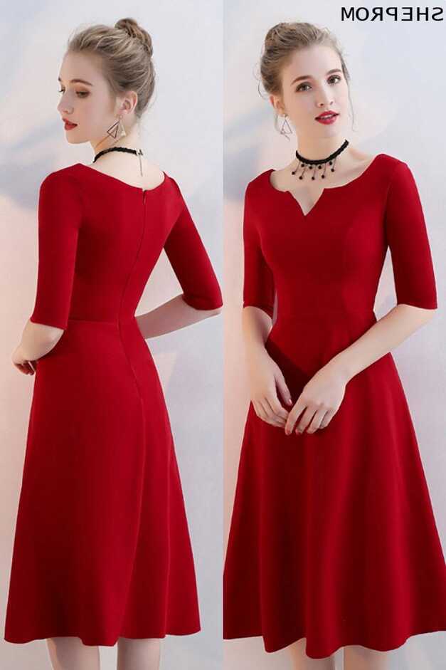 Simple Burgundy Aline Knee Length Party Dress with Sleeves