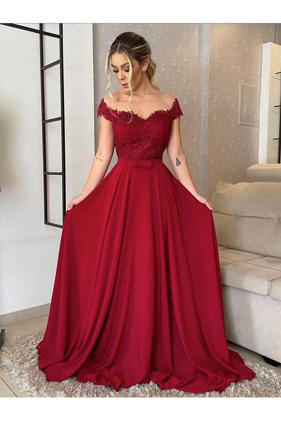 Simple Burgundy Long Lace Prom Dress With Sweetheart Neck ...