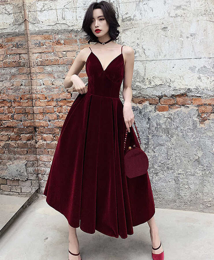 Simple Burgundy Tea Length Prom Dress, Burgundy Bridesmaid Dress ...