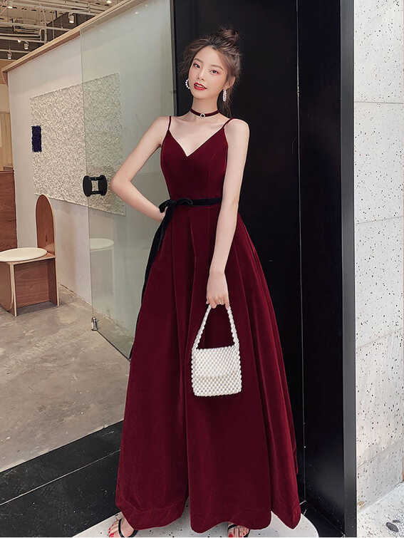 Simple Burgundy Velvet Long Prom Dresses, Burgundy Long Formal ...