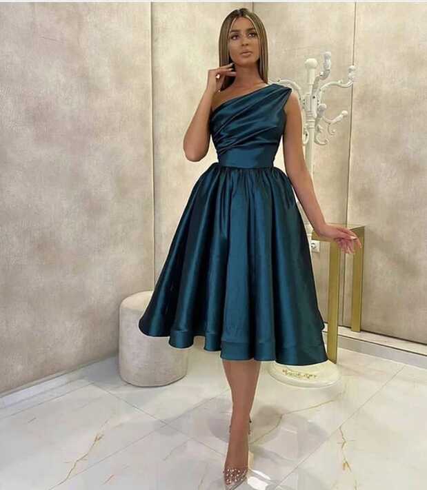 Simple But Elegant One Shoulder Pleated Knee Length Short ...