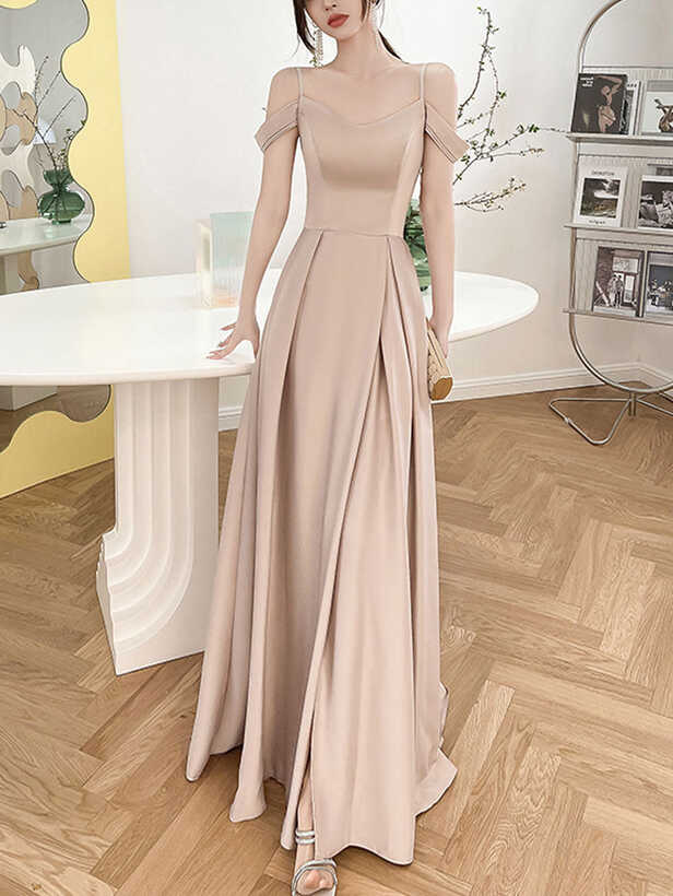 Simple Champagne A line Long Prom Dress, Champagne Bridesmaid ...