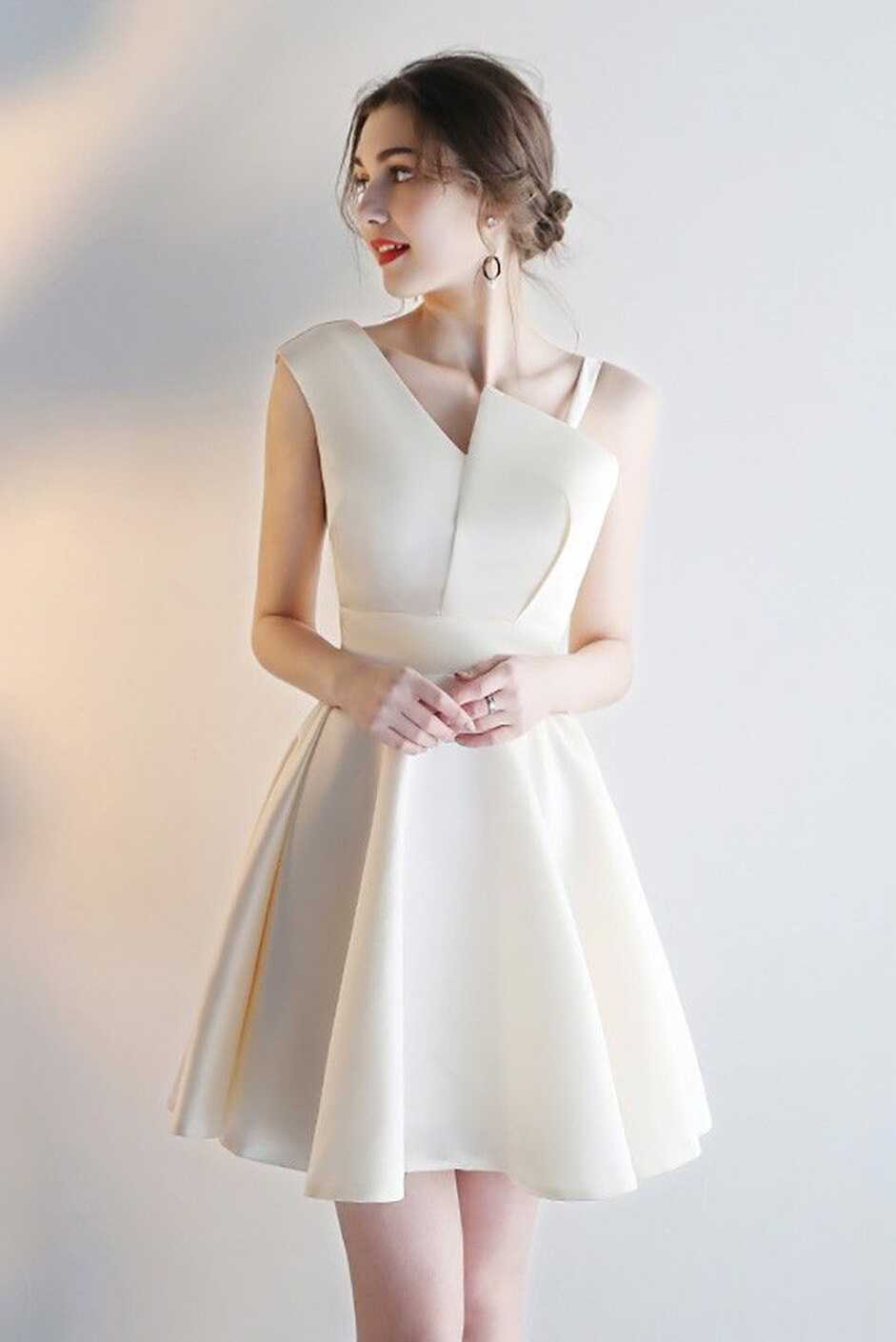 Simple Champagne Homecoming Party Dress Short with Asymmetrical Straps