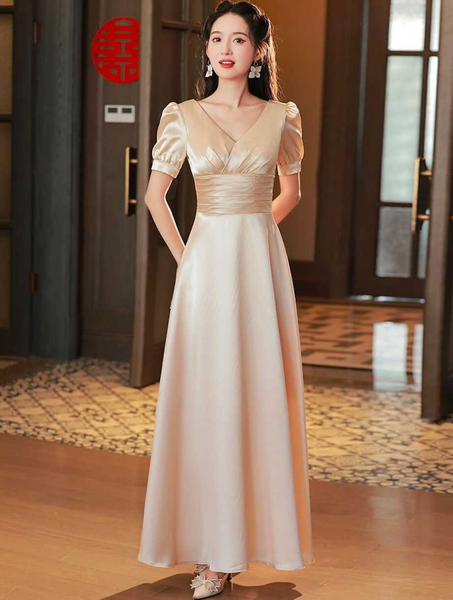 Simple Champagne Short Sleeve Satin Bridesmaid Maxi Dress - S ...