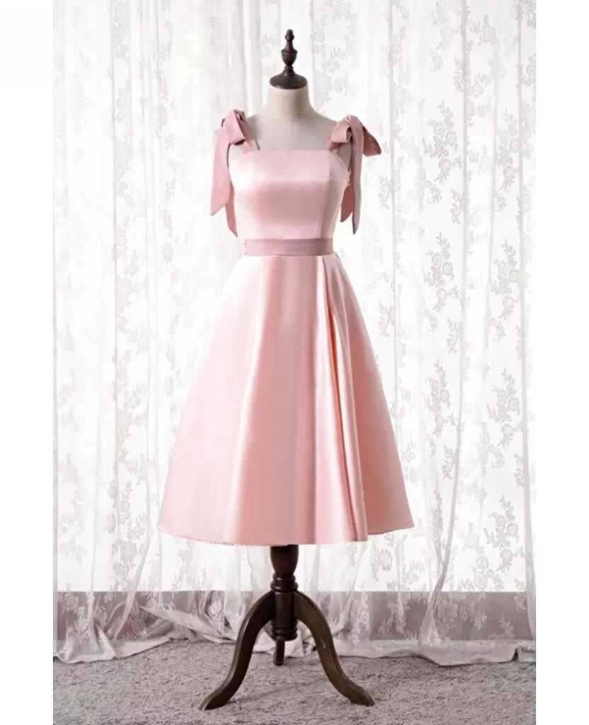 Simple Cute Pink Satin Tea Length Hoco Party Dress with Strappy ...