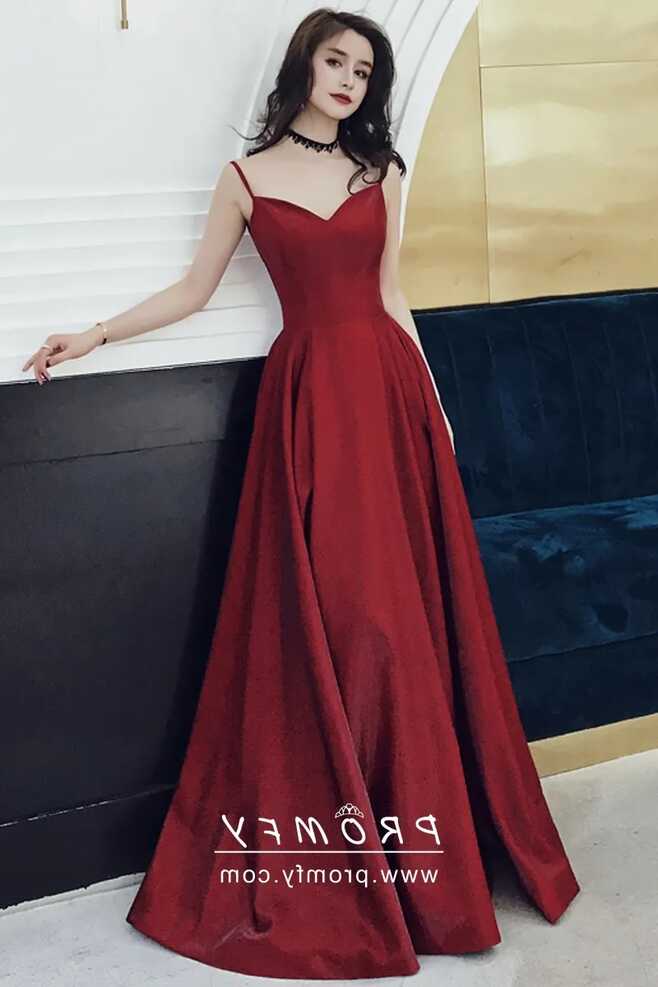 Simple Dark Red Satin Curved V-neck Long Prom Dress - Promfy