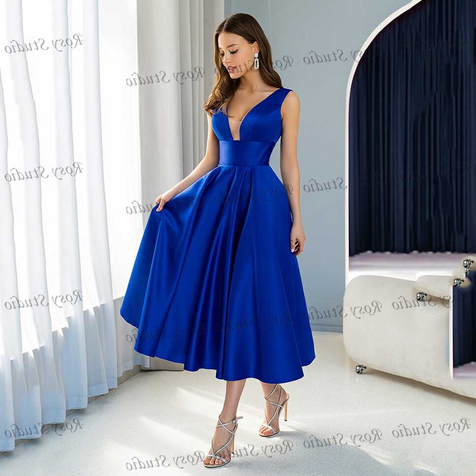 Simple Deep V-neck Royal Blue Cocktail Dresses A-line Satin Short ...