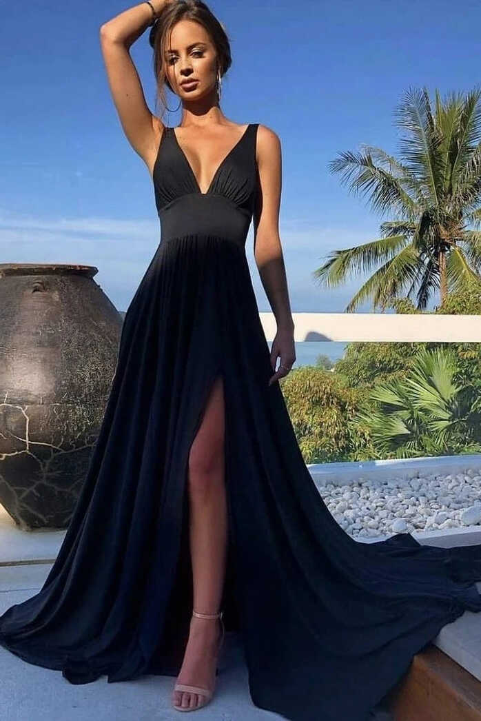 Simple Elegant V-Neck Long Black Prom Dresses A-line Event Dresses ...