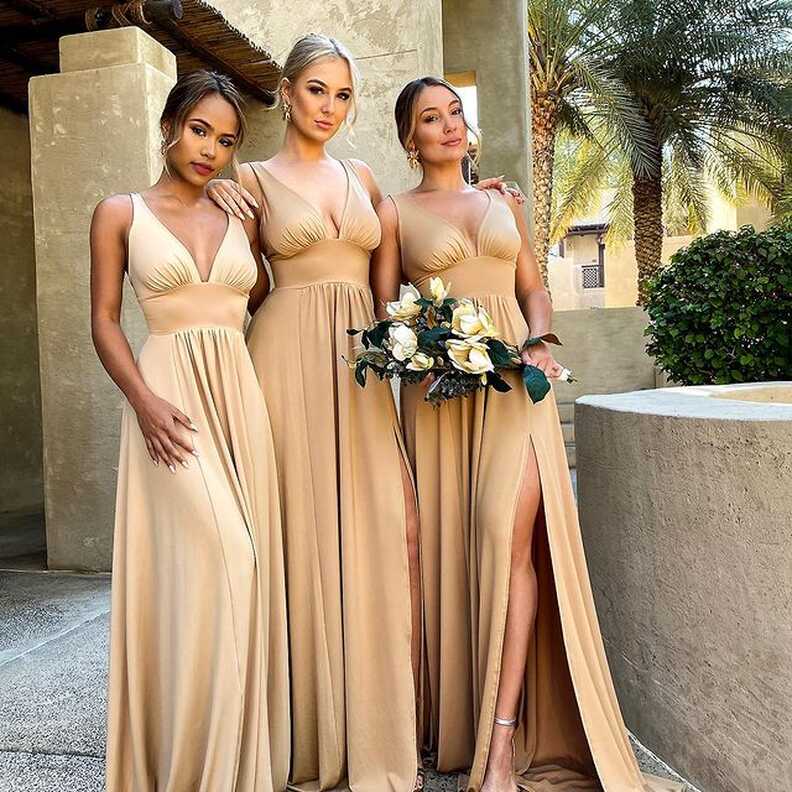 Simple Floor Length V Neck Chiffon Gold Bridesmaid Dresses ...