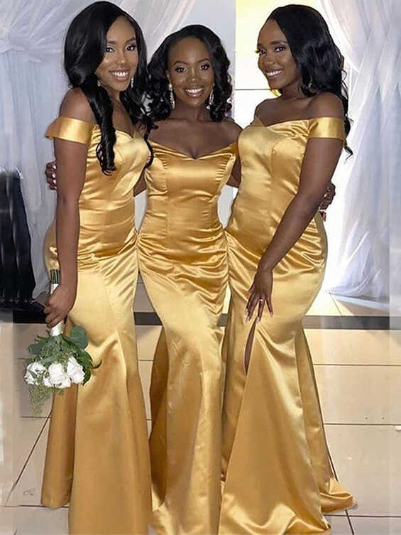 Simple Gold Off the Shoulder Mermaid Satin Long Bridesmaid Dresses ...