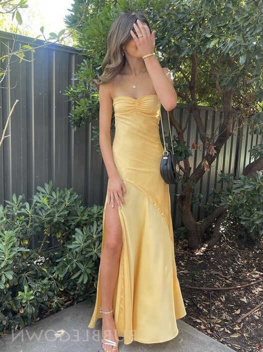 Simple Gold Satin Mermaid Sweet Heart Long Evening Prom Dresses ...