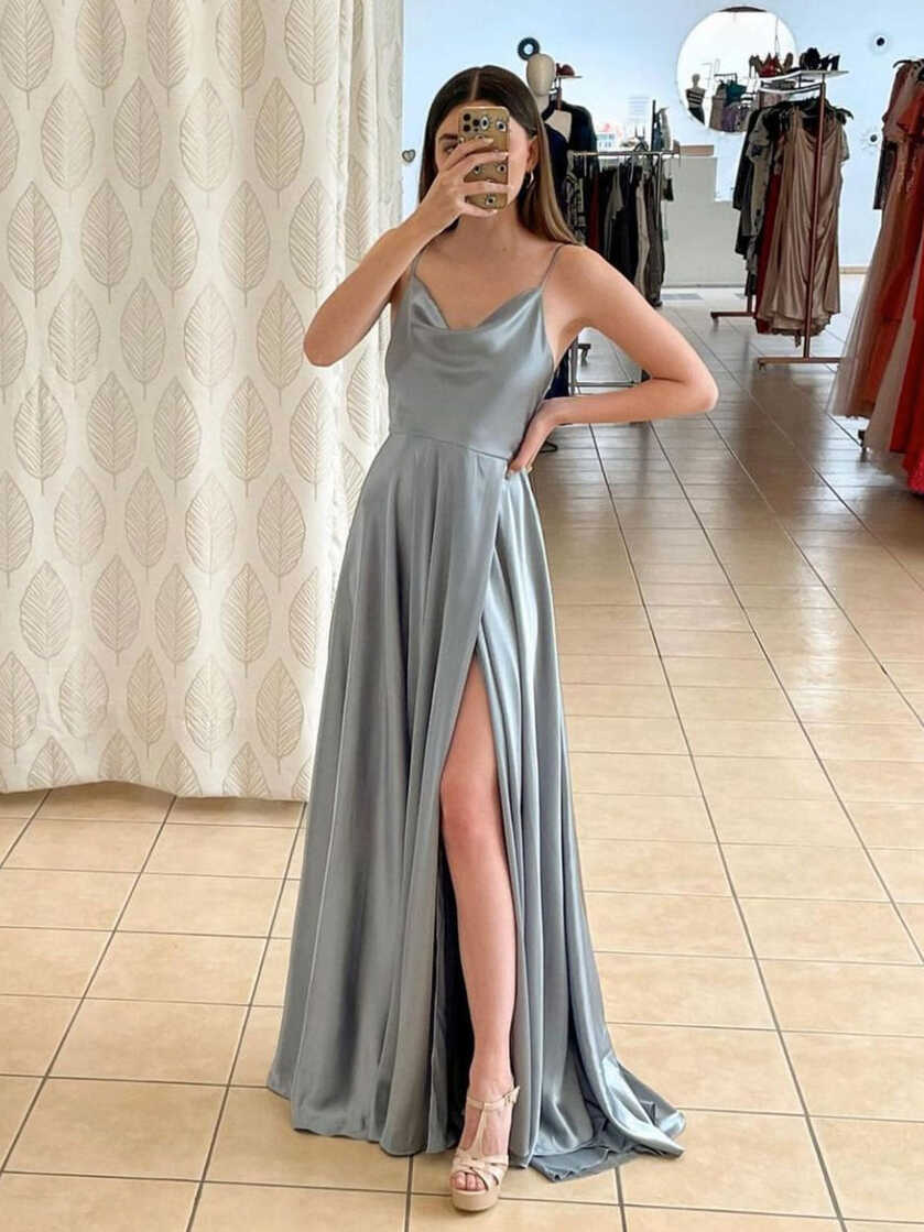 Simple Gray A line satin long prom dress gray long formal dress ...