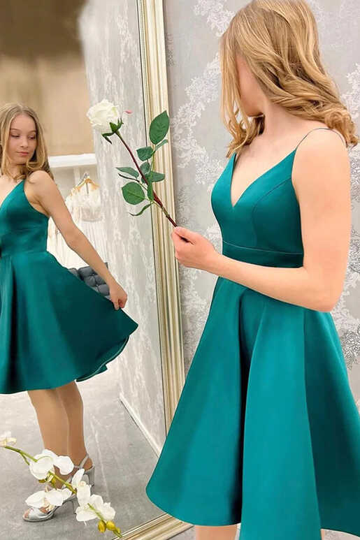 Simple Green Satin A Line V Neck Homecoming Dresses, PH397 | Promnova