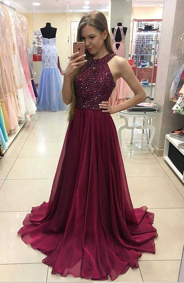 Simple Halter Burgundy Evening Prom Dresses, Custom Long Prom ...