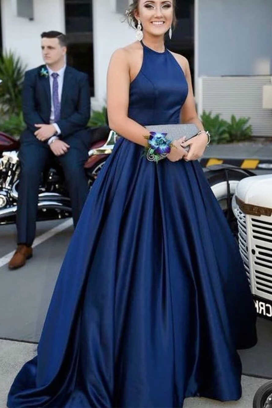 Simple Halter Neck Navy Blue Long Prom Dresses, Navy Blue Formal ...