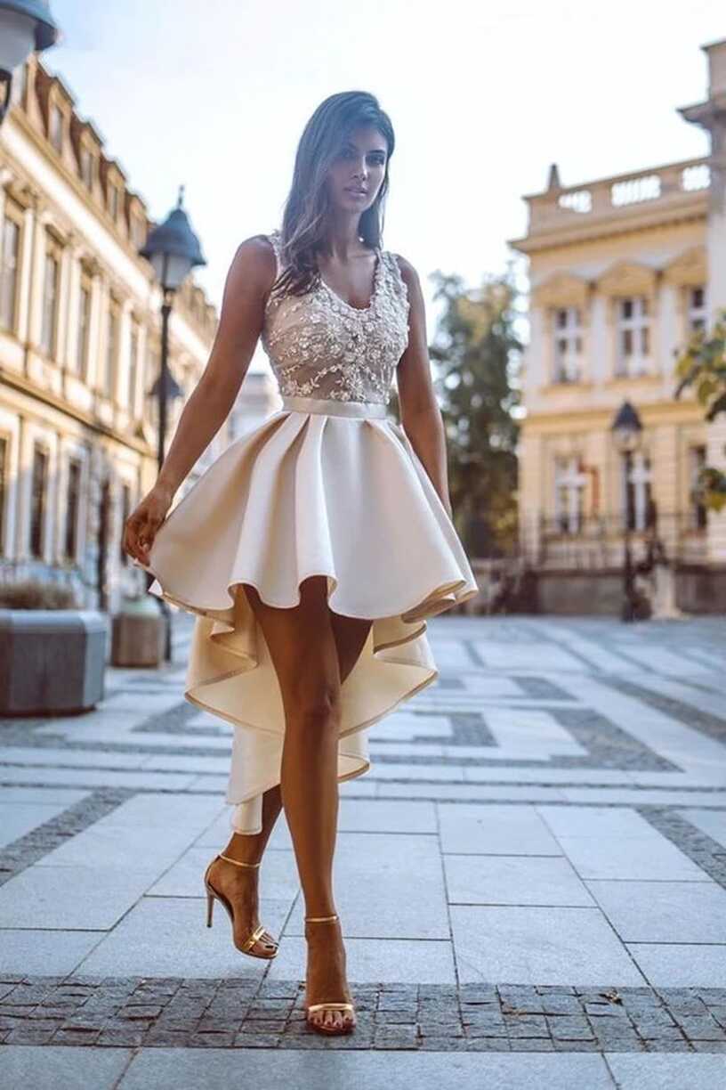 Simple High Low V Neck Lace Satin Homecoming Dresses Straps Short ...