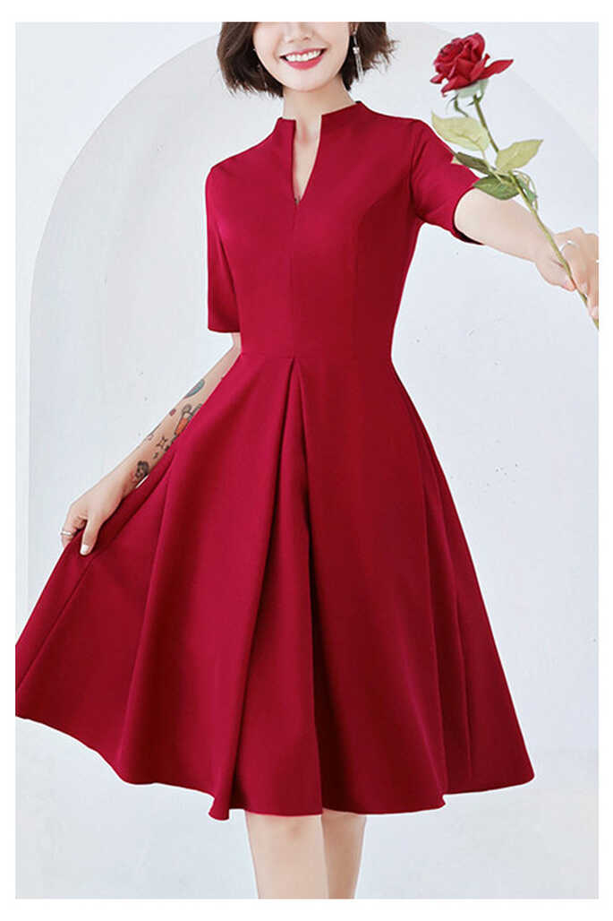 Simple Knee Length Burgundy Semi Formal Dress With Sleeves ...