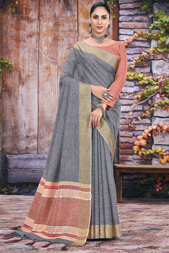 Simple Lehenga Woven Zari Work Linen Grey Indian Saree|SARV123107