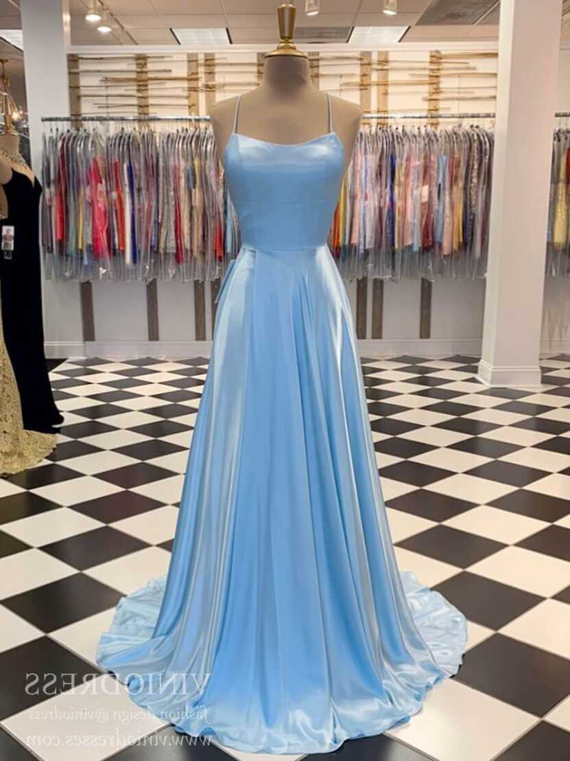 Simple Light Blue Long Prom Dresses with Slit and Pockets FD1513 ...