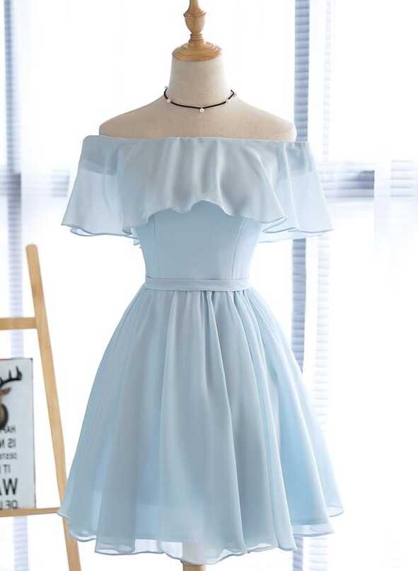 Simple Light Blue Off Shoulder Formal Dress , Short Party Dresses ...