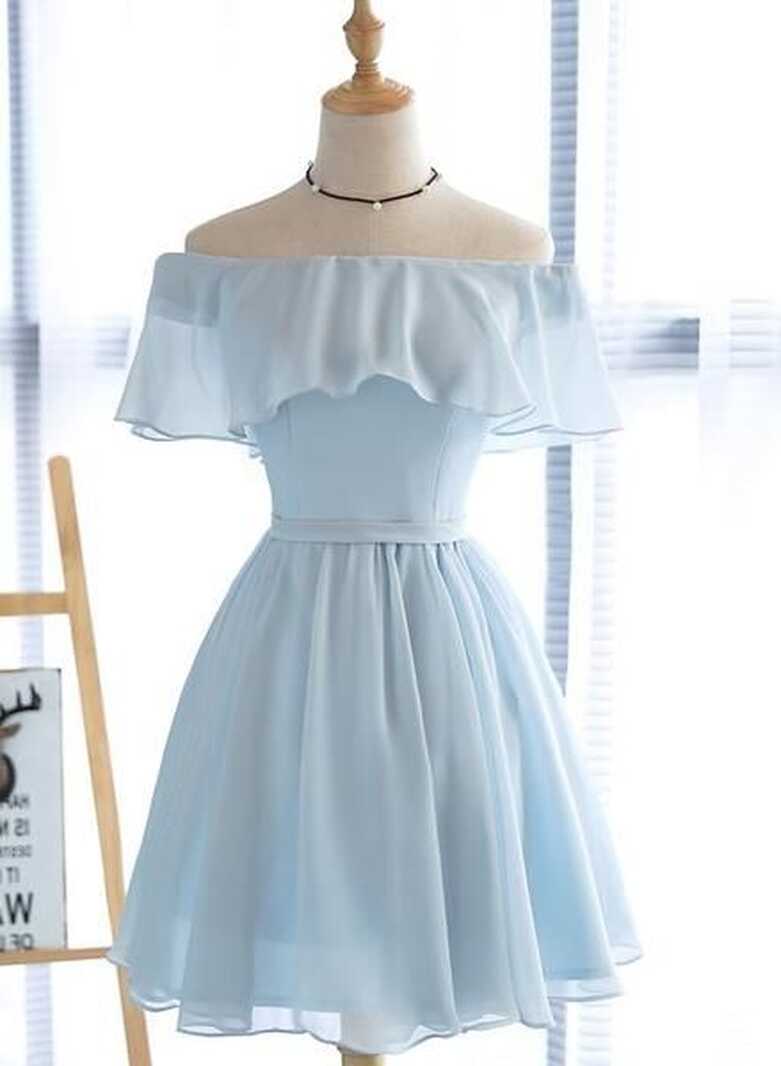 Simple Light Blue Off Shoulder Formal Dress , Short Party Dresses