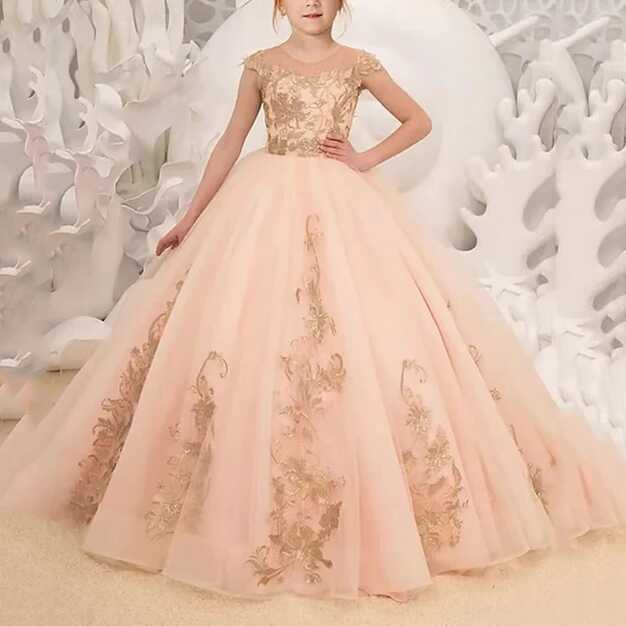 Simple Light Peach Birthday Flower Girl Dress Golden Appliques ...