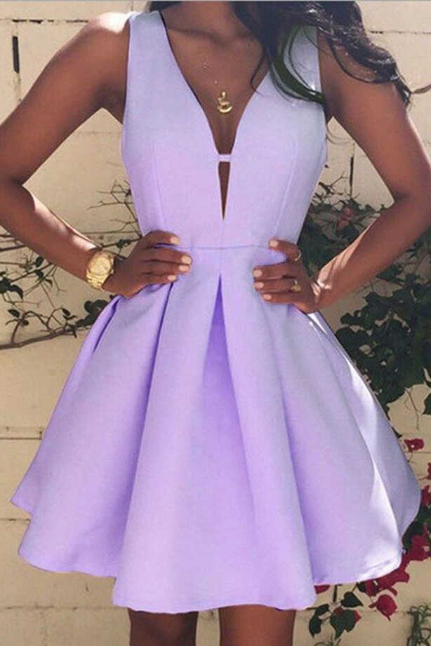 Simple Light Purple A-line V-neck Satin Homecoming Dresses for ...