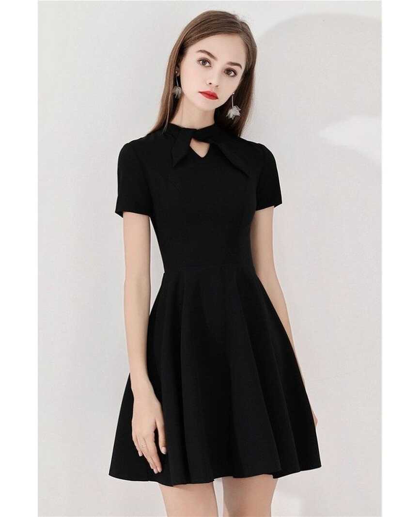 Simple Little Black Short Party Dress With Bow Neckline