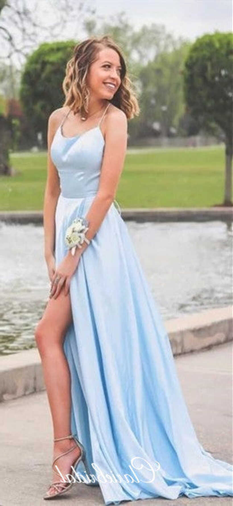 Simple Long A-line Light Blue Elastic Satin Prom Dresses, Side ...