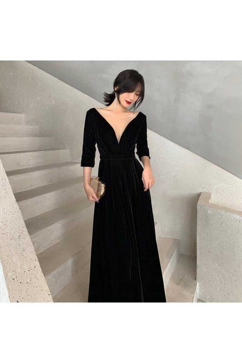 Simple Long Black Vneck Elegant Evening Dress With Sleeves