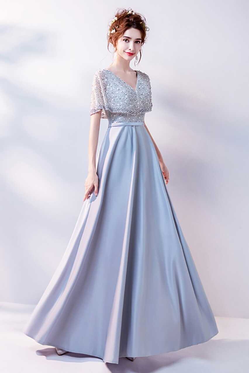 Simple Long Grey Satin Prom Dress With Beading Cape Sleeves ...