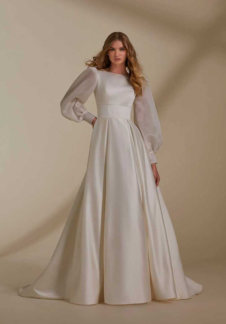 Simple Long Organza Sleeve Bateau Neckline A Line Long Train Satin ...