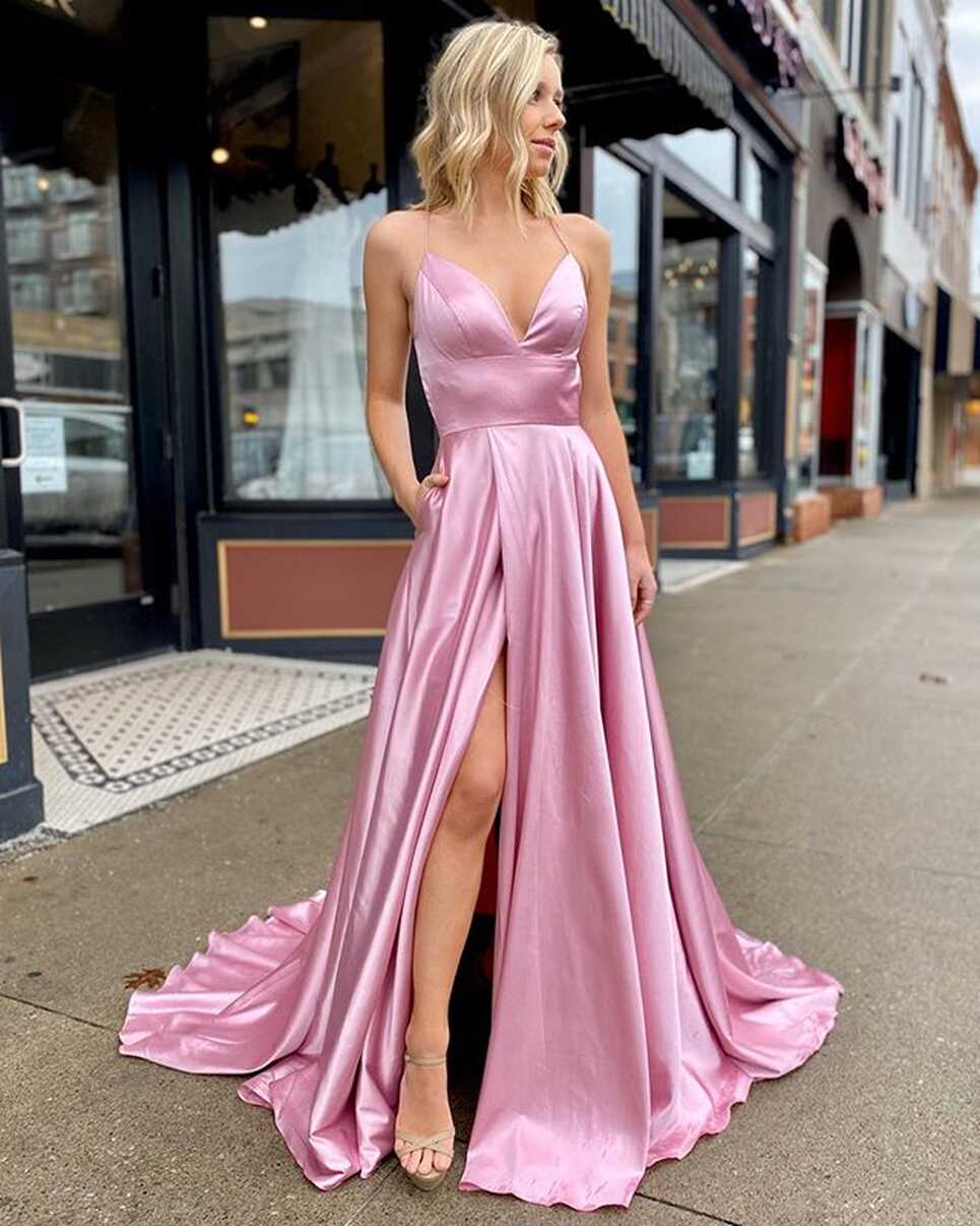 Simple Long Pink Prom Dresses Split Open Back – MyChicDress