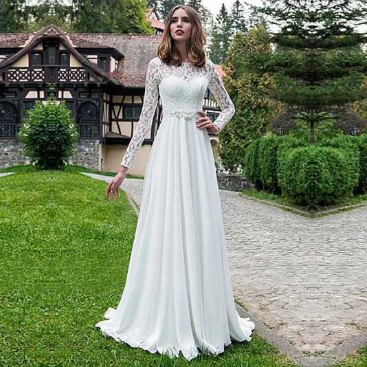 Simple Long Sleeve Lace Chiffon A Line Bridal Wedding Dresses ...