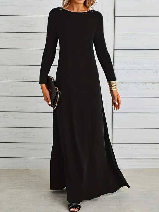 Simple Maxi Dress Casual Crew Neck Long Sleeve Solid Dress - Temu